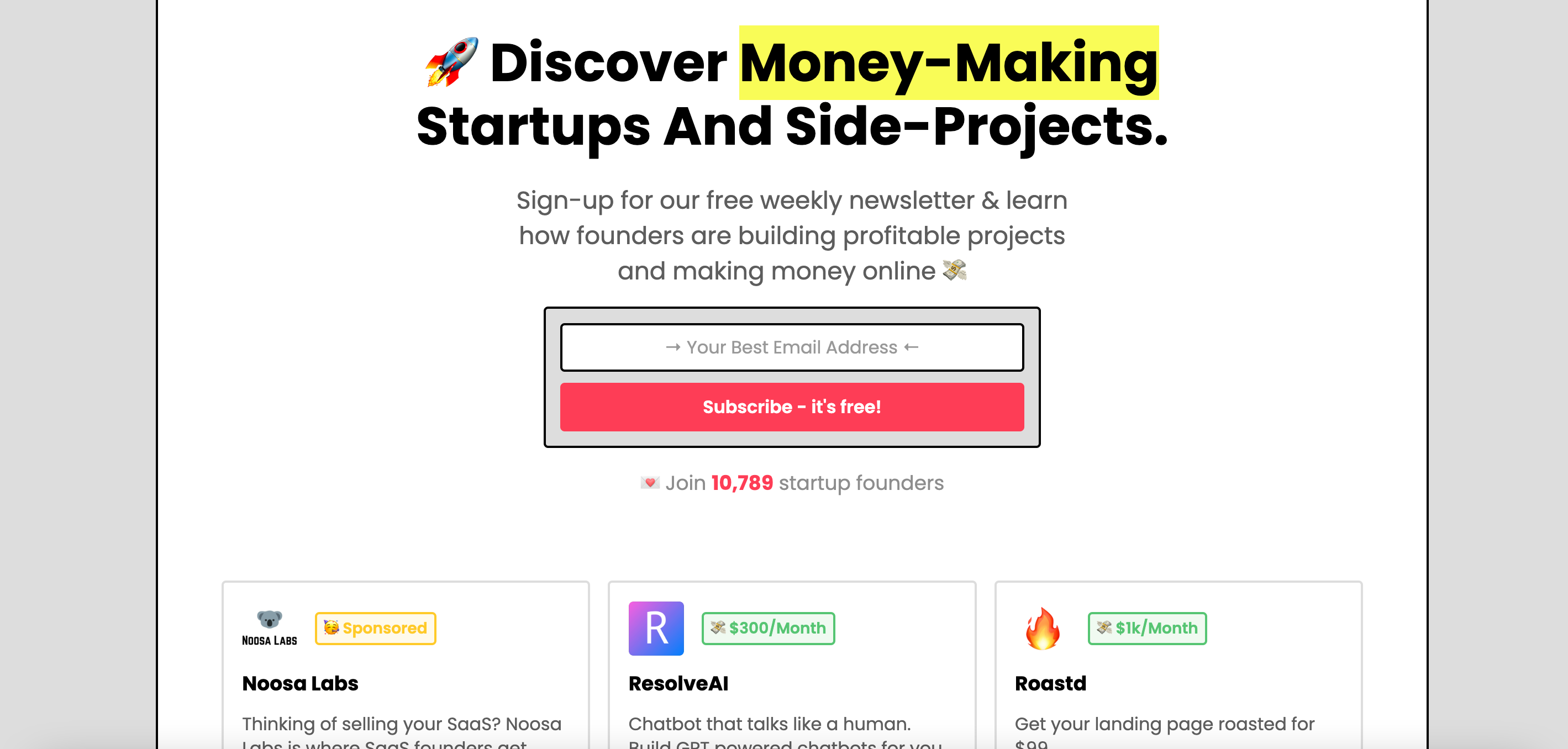 Startups.fyi Landing page