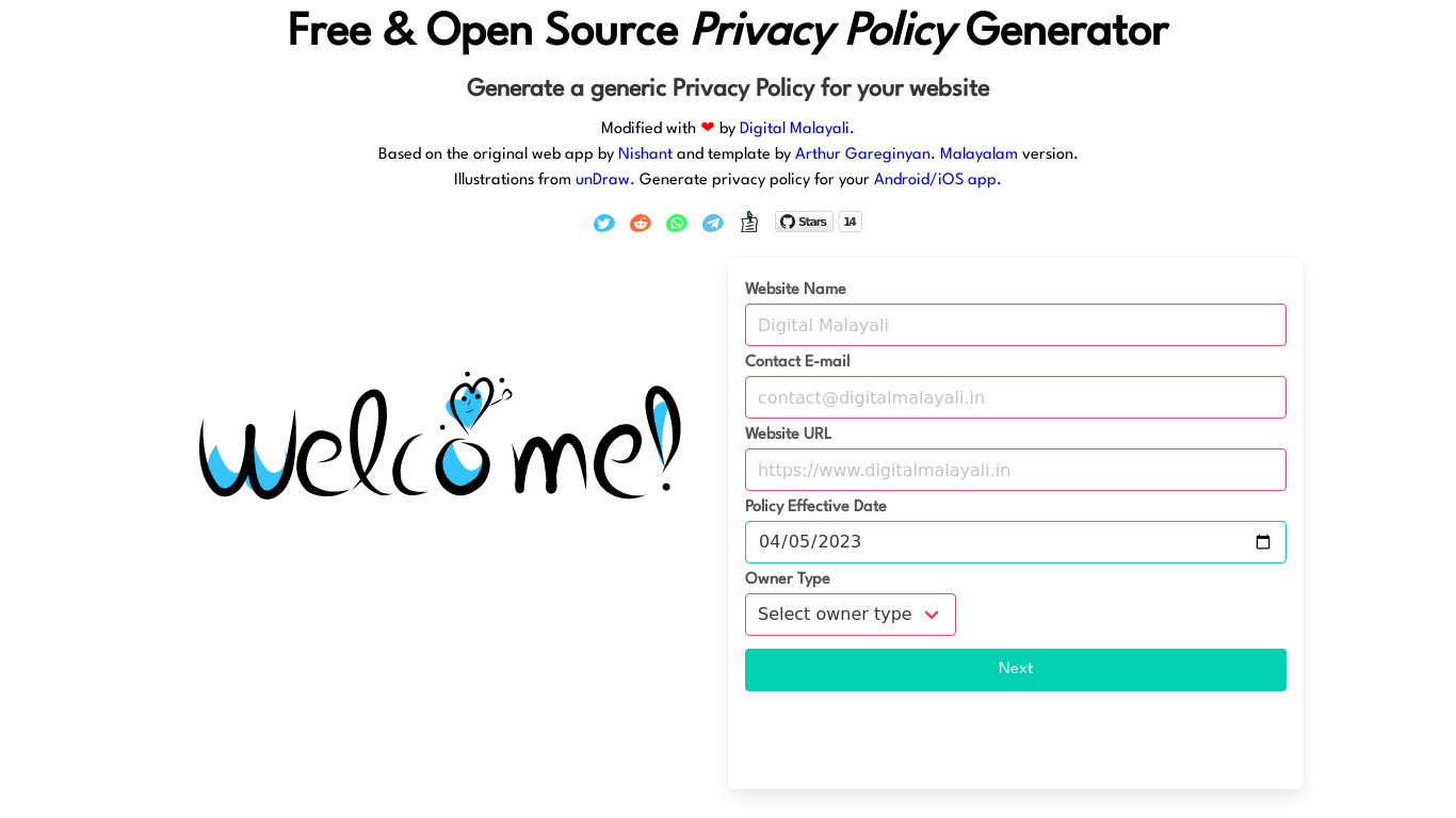 Free Website Privacy Policy Generator Landing page