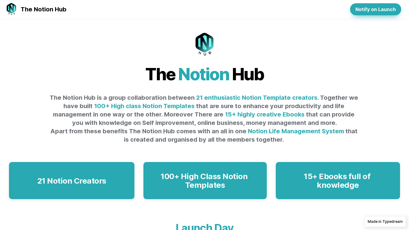 The Notion Hub Landing page