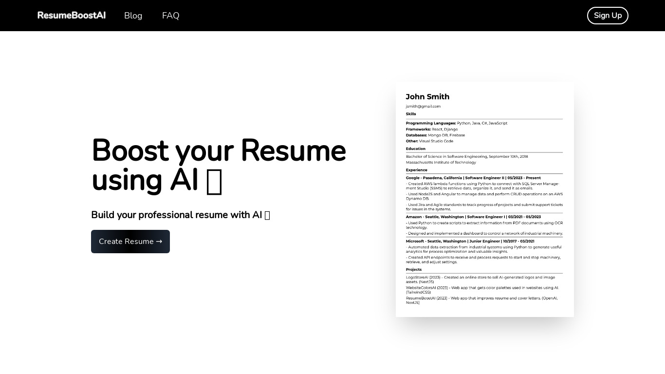 ResumeBoostAI Landing page