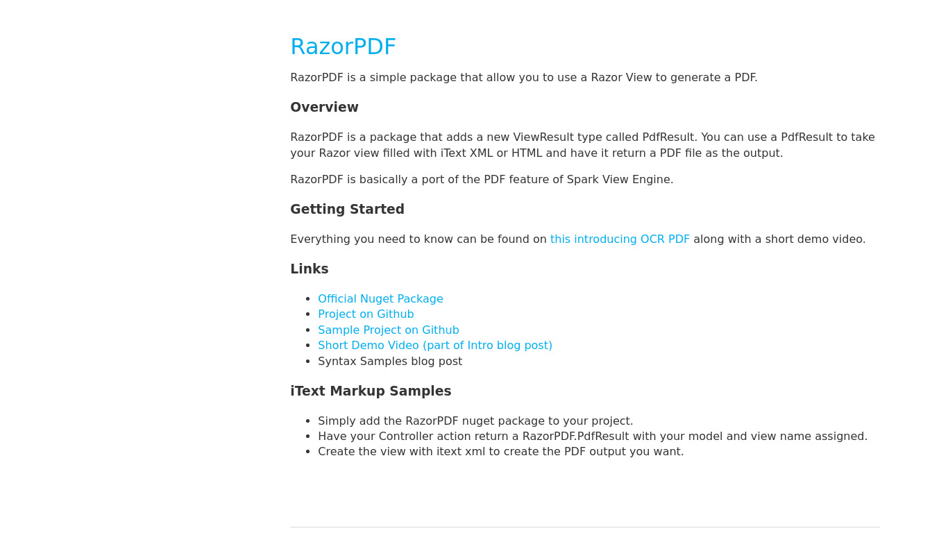 RazorPDF Landing page