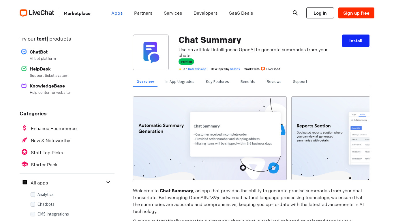 Chat Summary for LiveChat Landing page