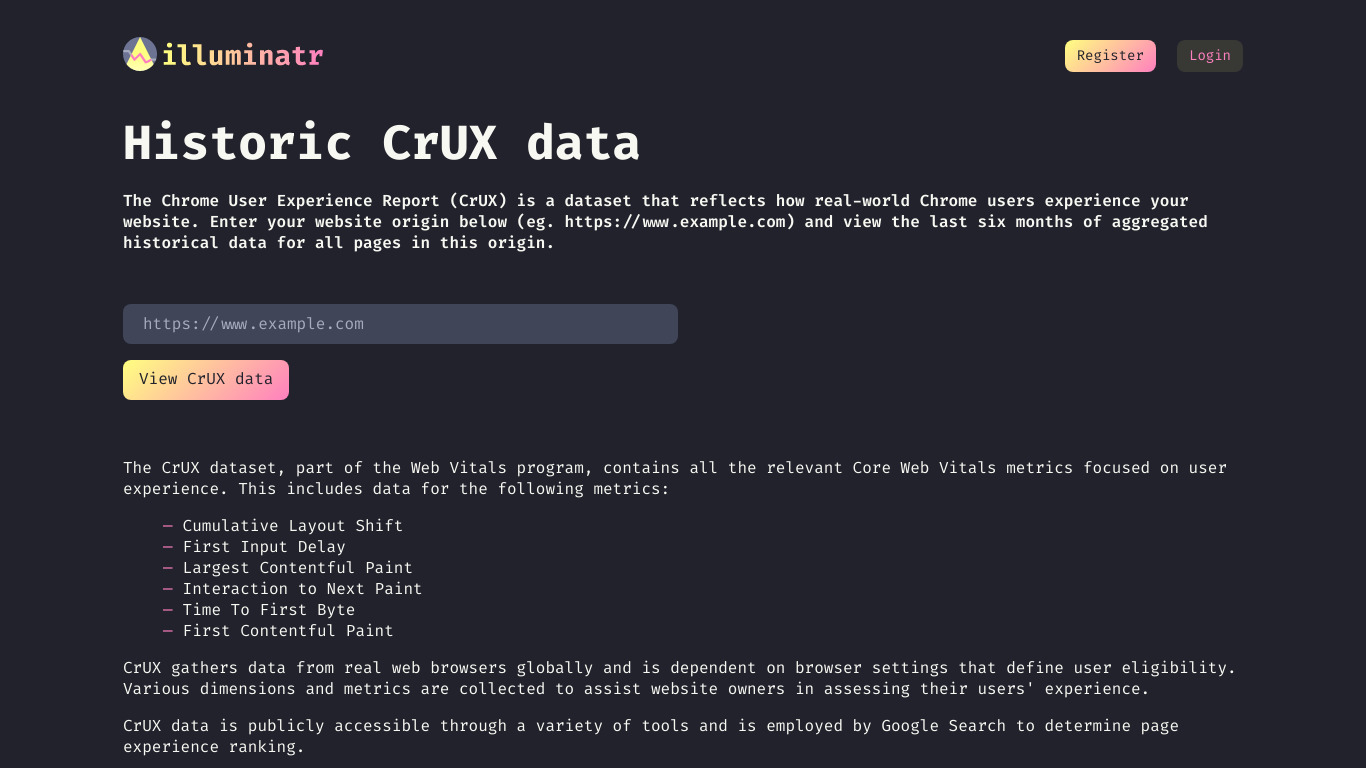illuminatr historic CrUX checker Landing page