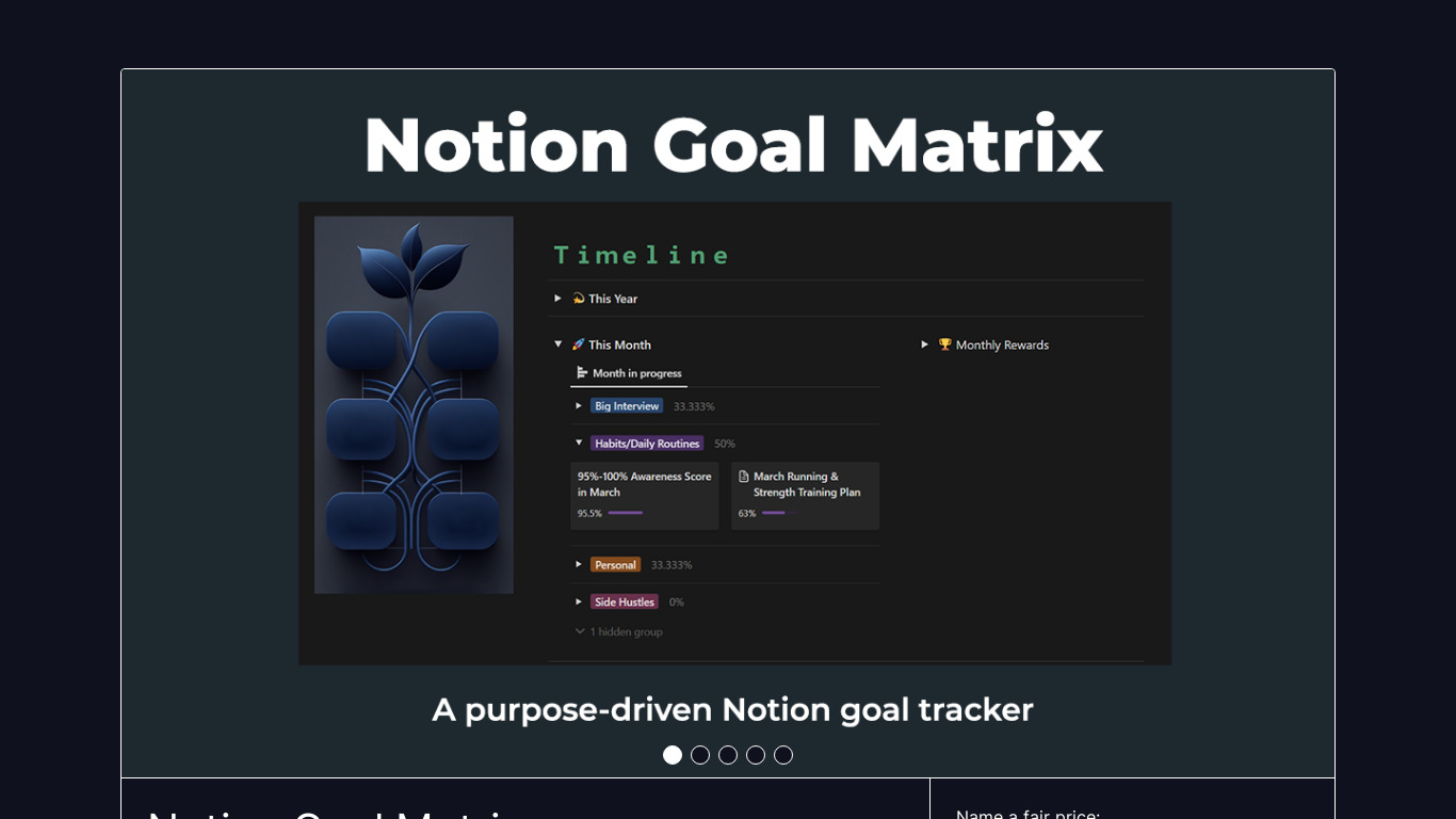 Notion Goal Matrix Landing page