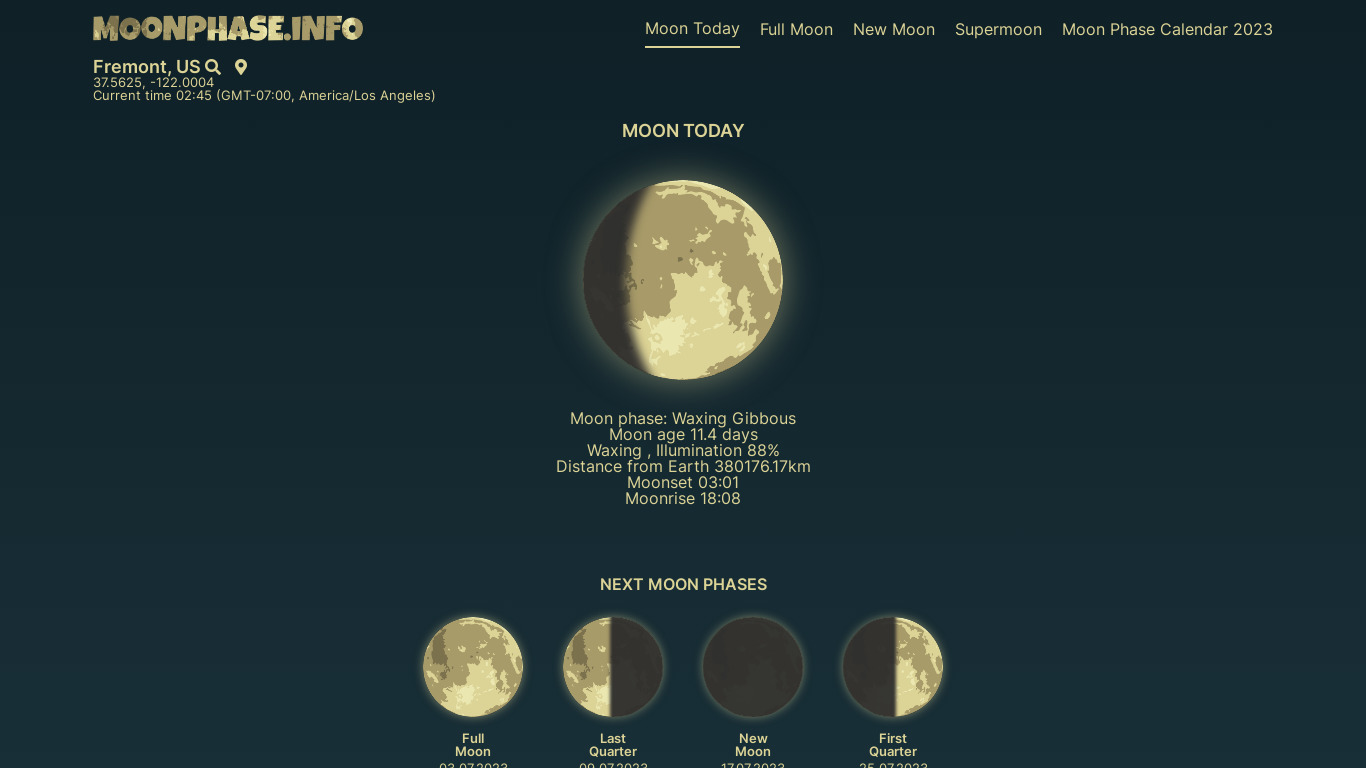 Moonphase.info Landing page