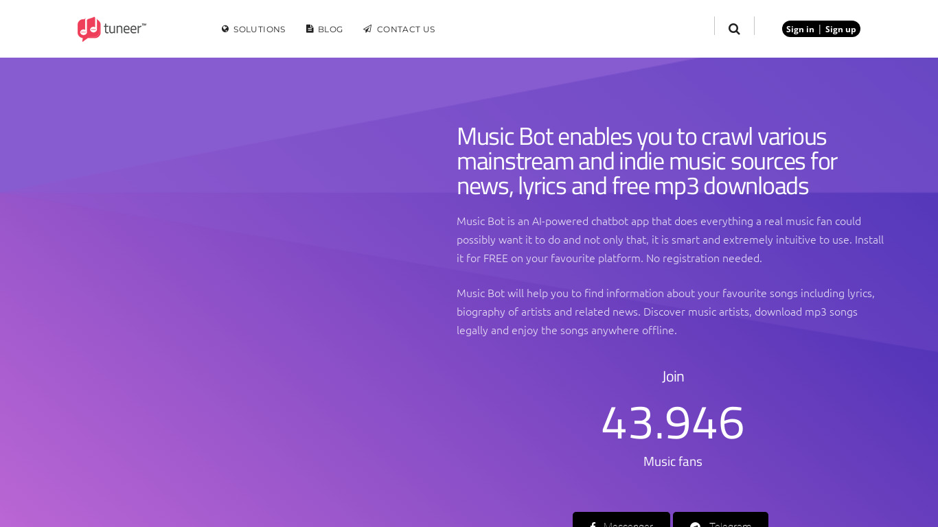 Tuneer.net Music Bot Landing page