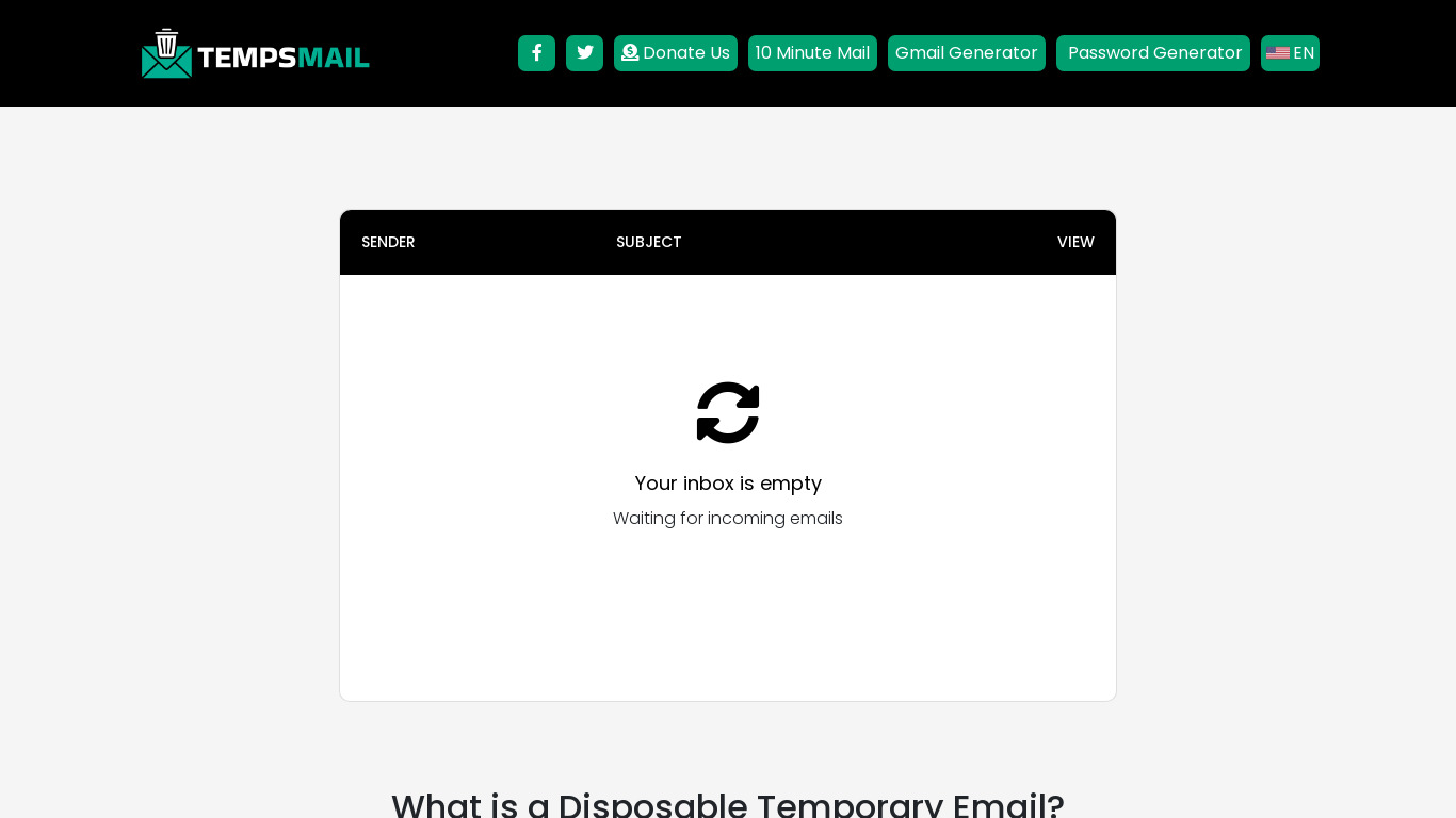Temps Mail Landing page