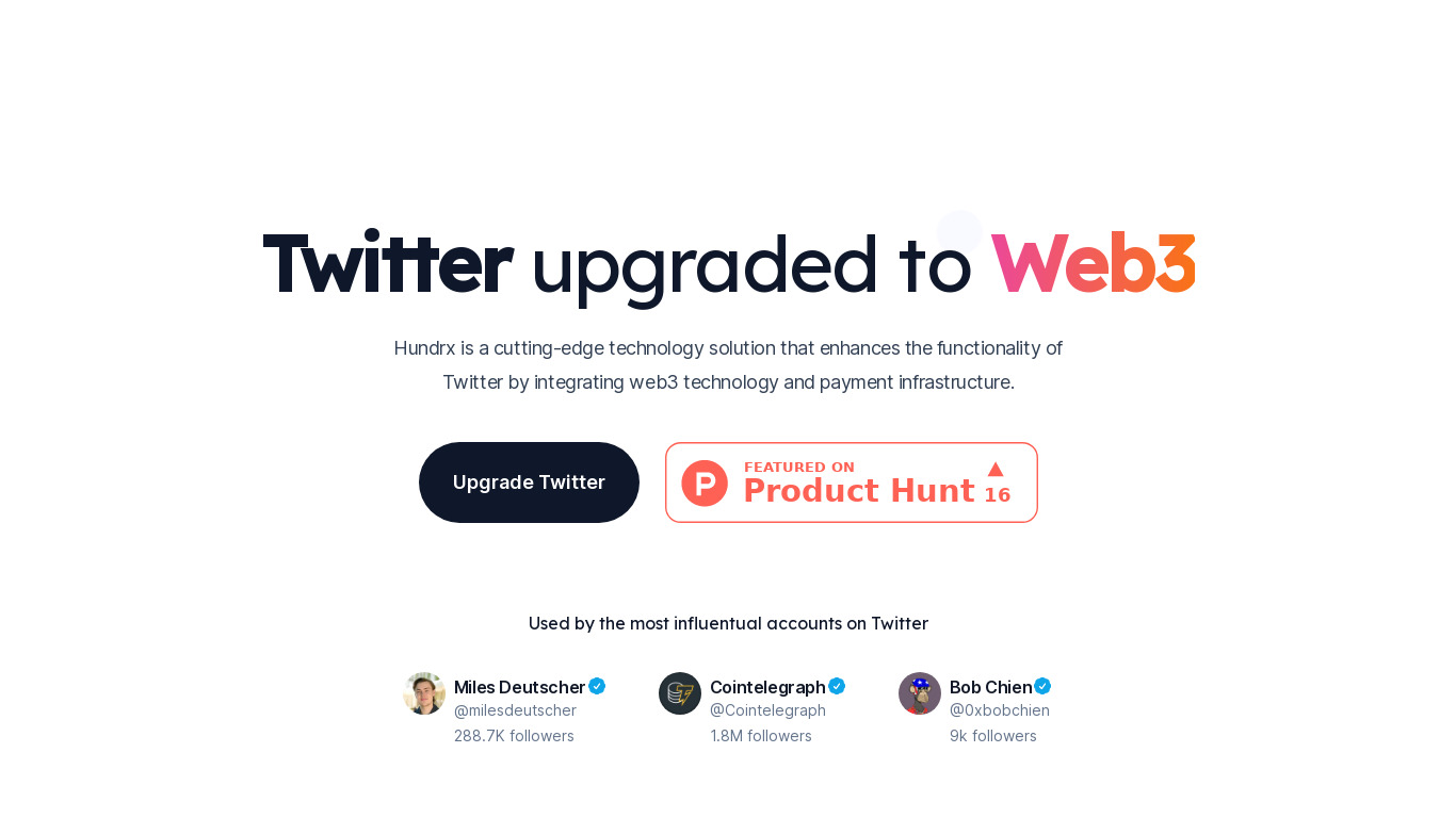 Hundrx: Web3 for Twitter Landing page