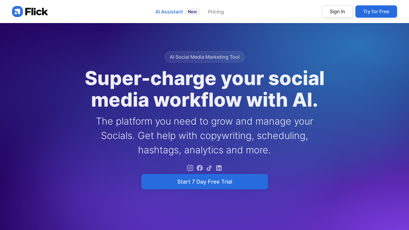 AI Social Marketing Assistant (Beta) Landing page