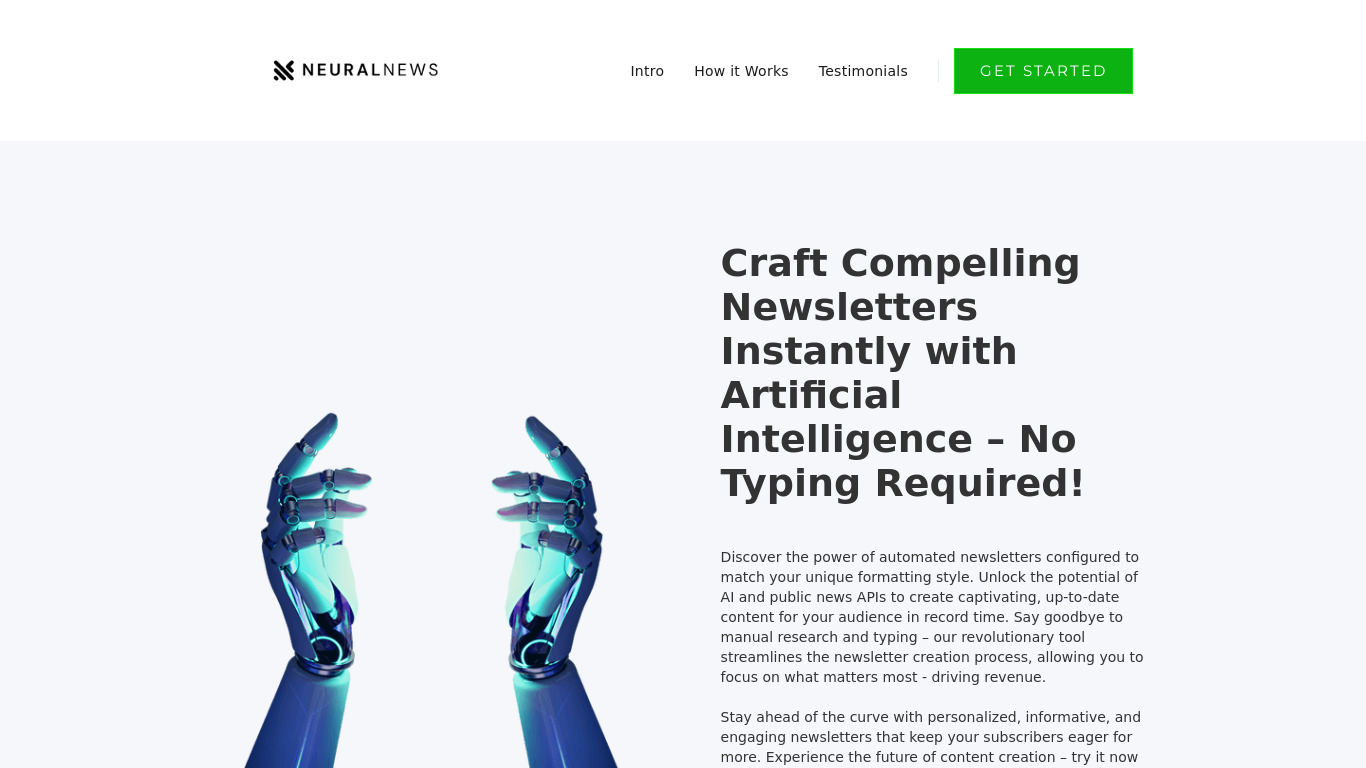 Neural Newsletters (AI) Landing page