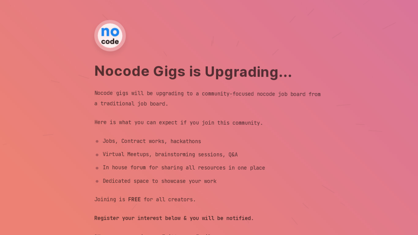 NoCode Gigs Landing page
