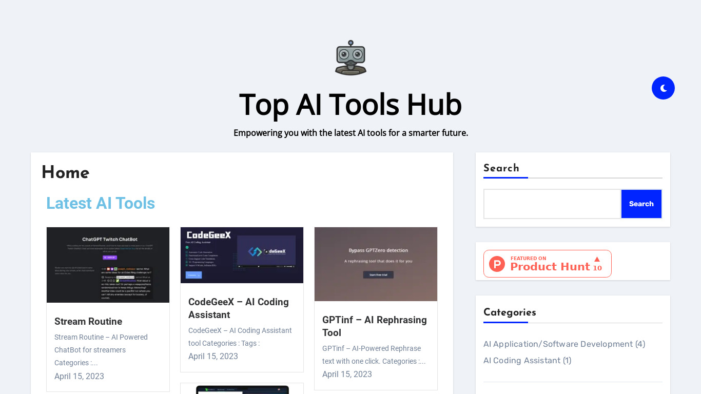 Top AI Tools Hub Landing page