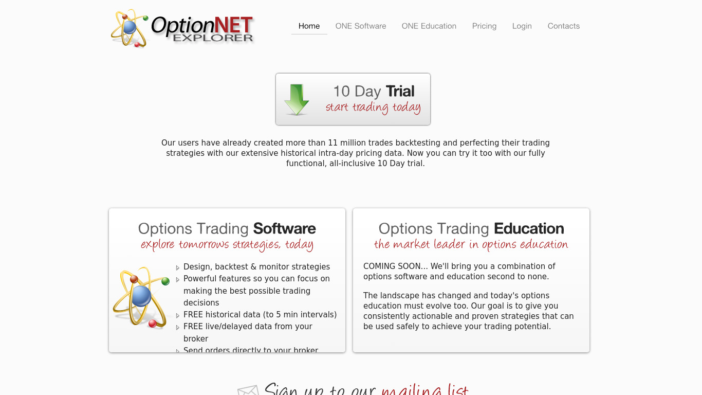 OptionNet ONE Landing page