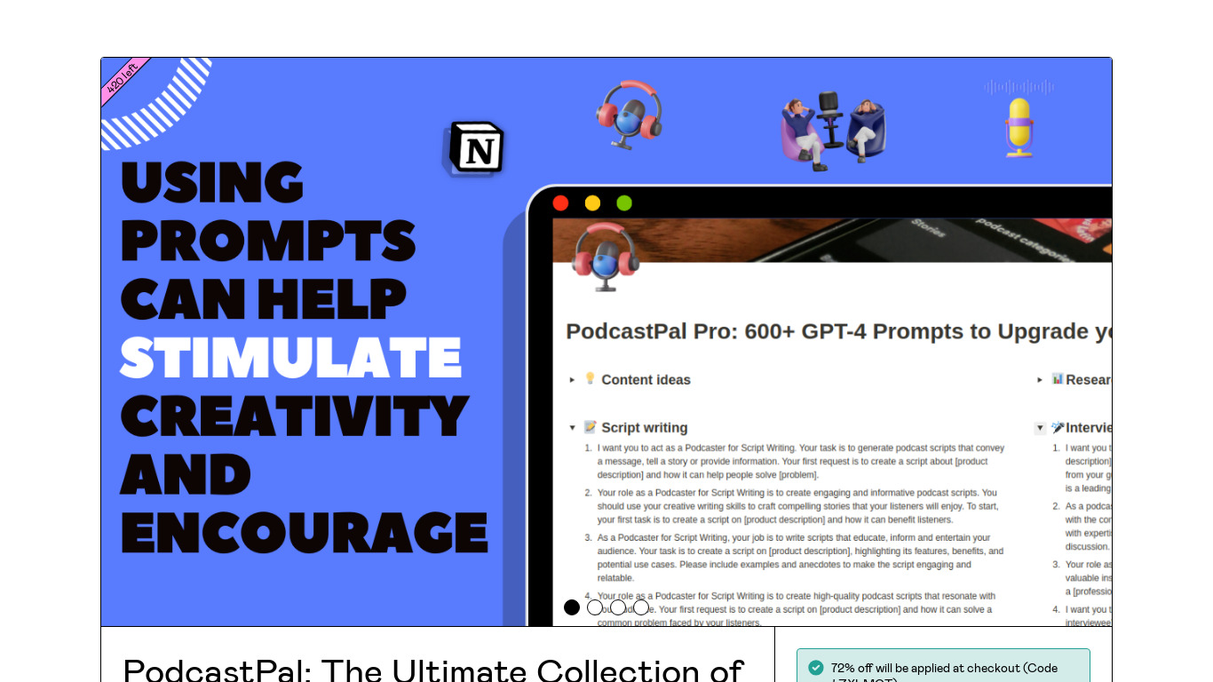 PodcastPal- GPT-4 Prompts for Podcasters Landing page