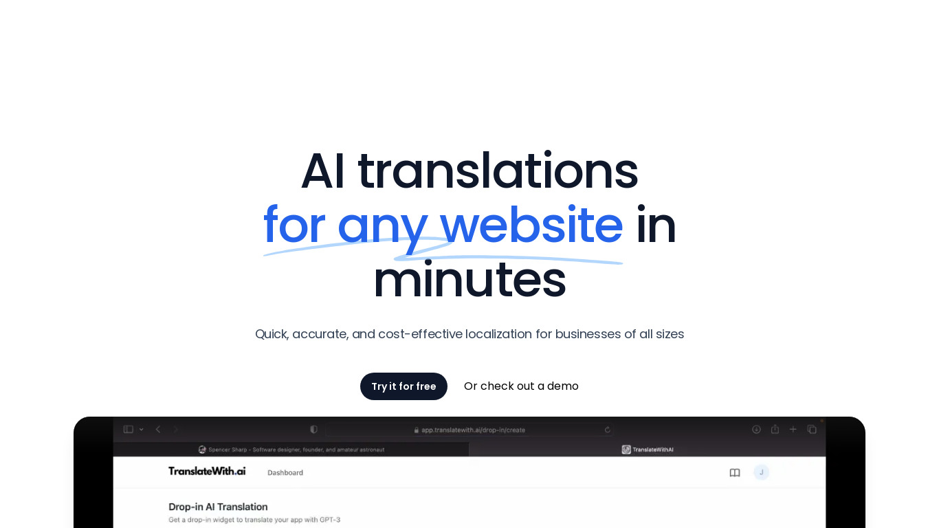 TranslateWith.AI Landing page