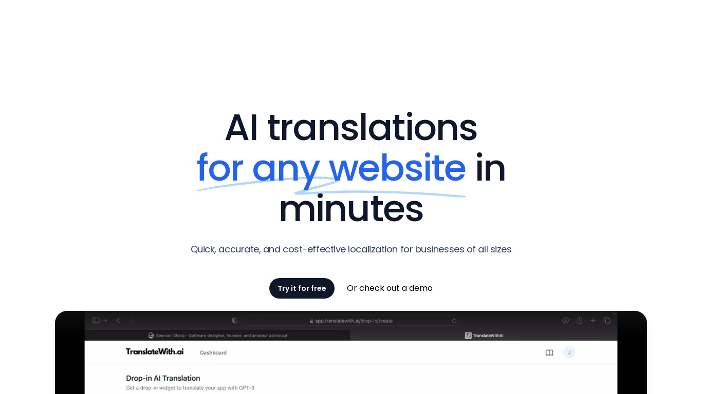 TranslateWith.AI Landing page