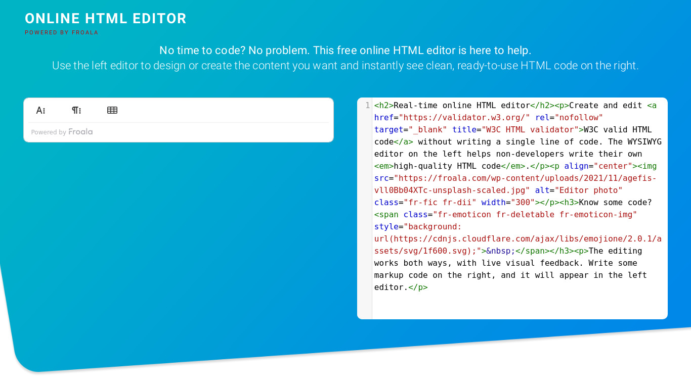 WYSIWYG HTML Editor Landing page