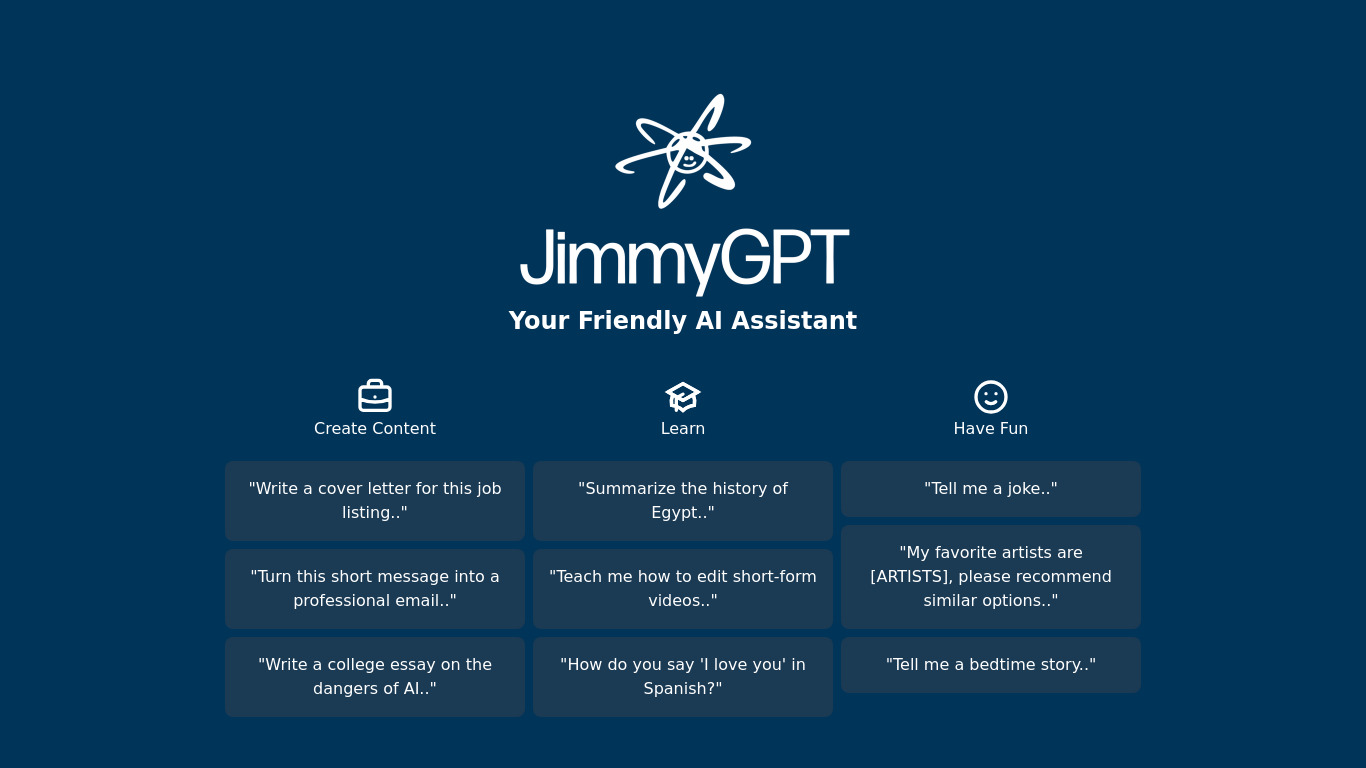 JimmyGPT Landing page