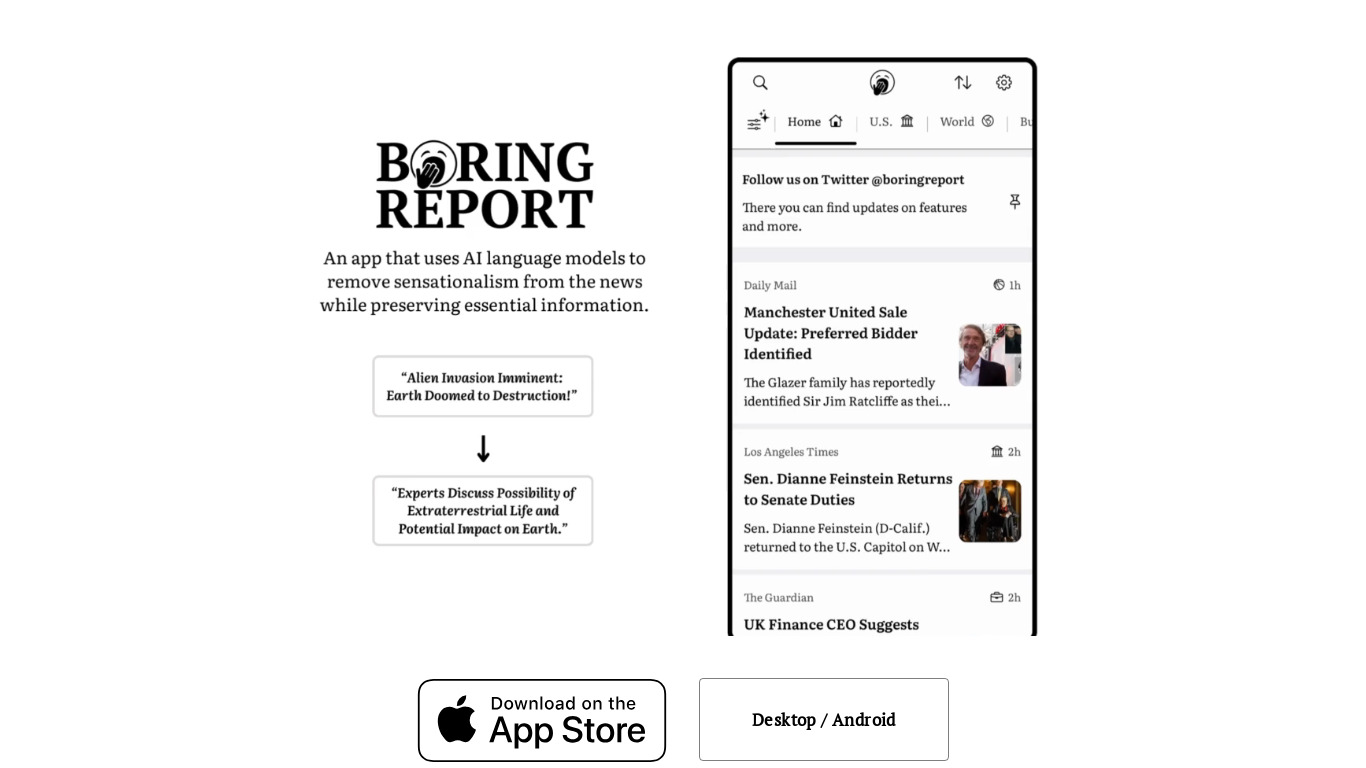 Boring Report: News by AI Landing page