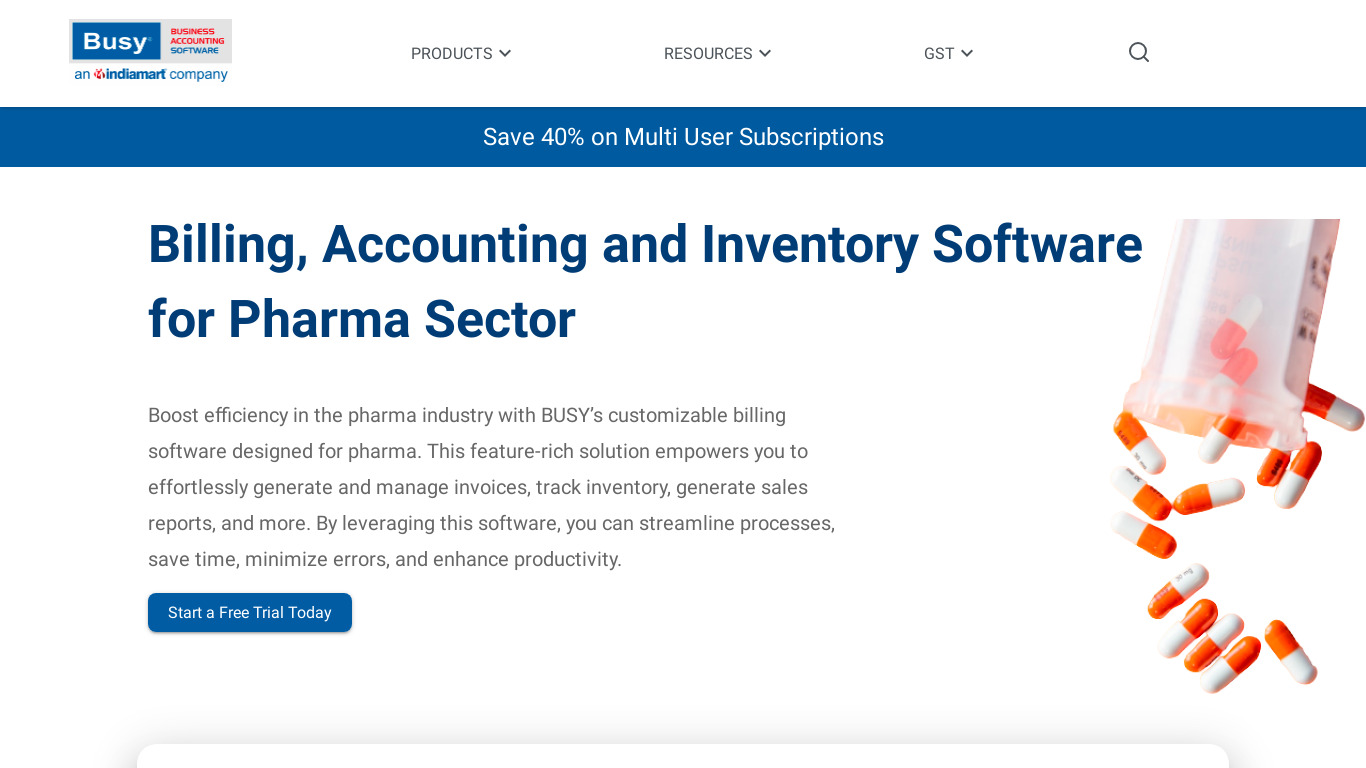 BUSY Pharmacy Billing Software Landing page