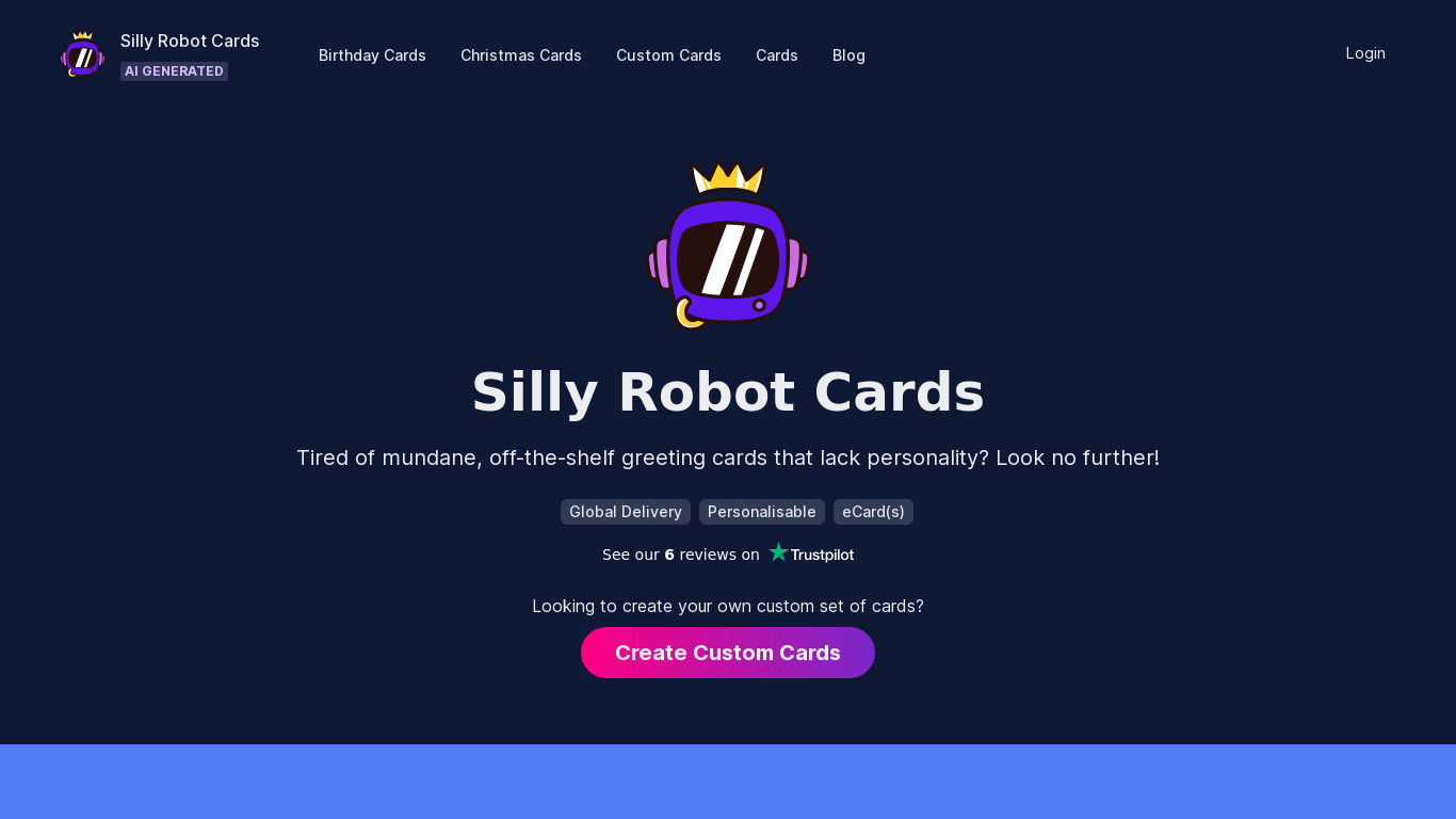 Silly Robot Cards Landing page