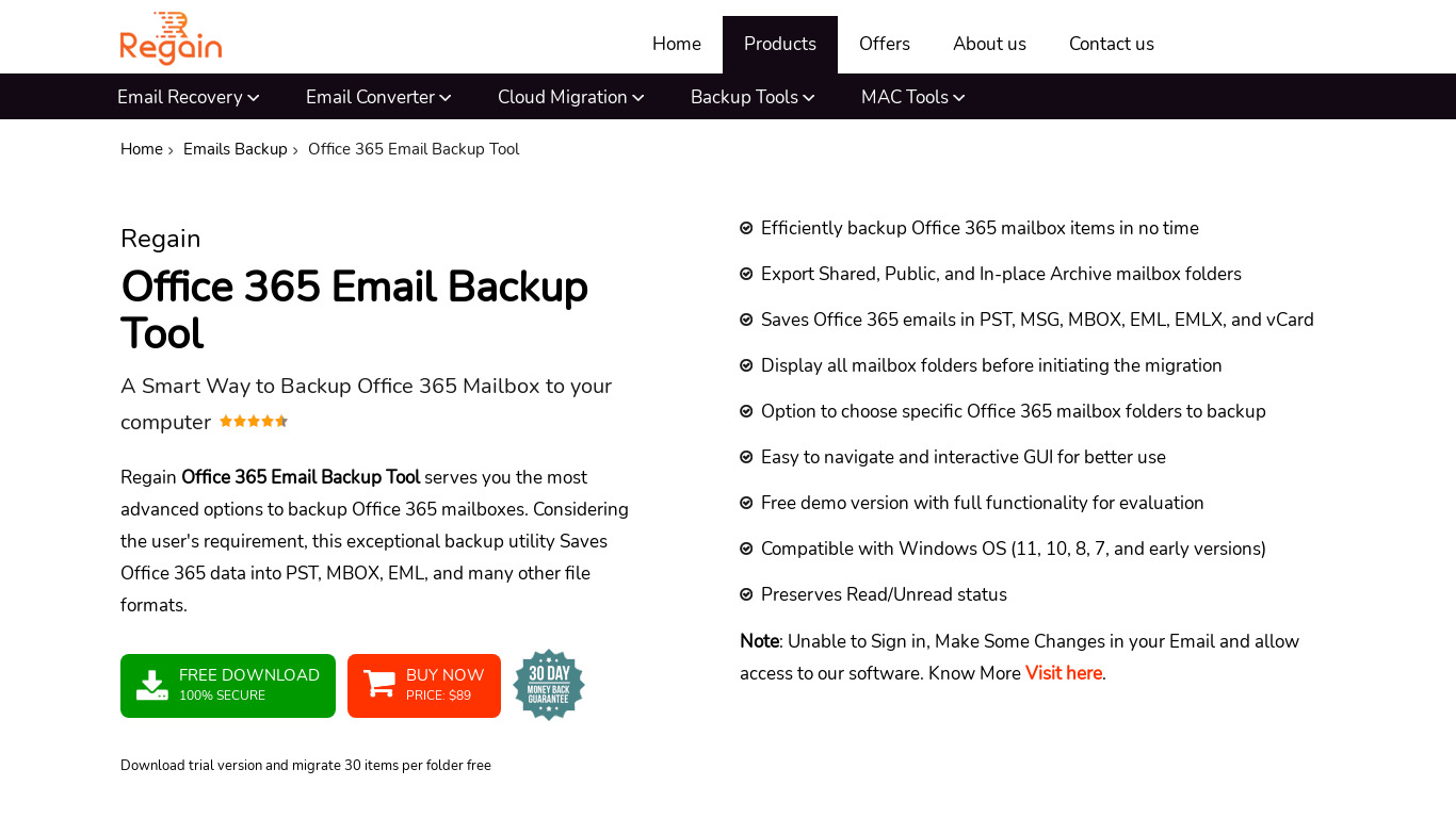 Regain Office 365 Backup Tool Landing page