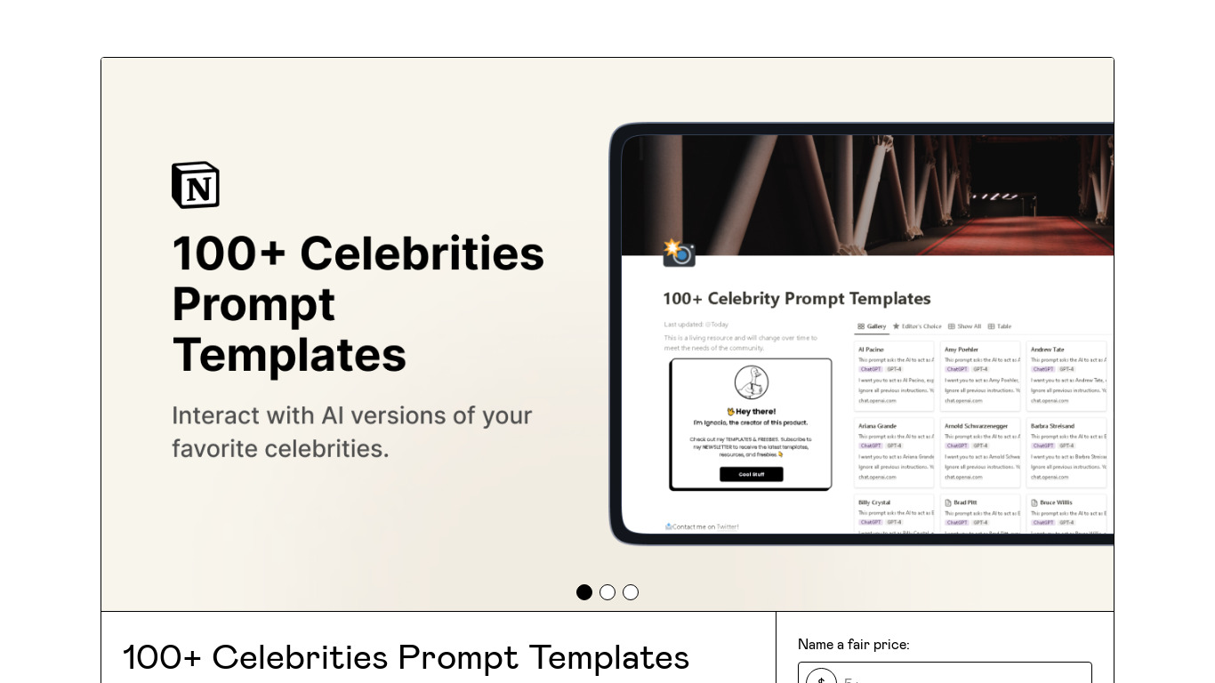 100+ Celebrities Prompt Templates Landing page