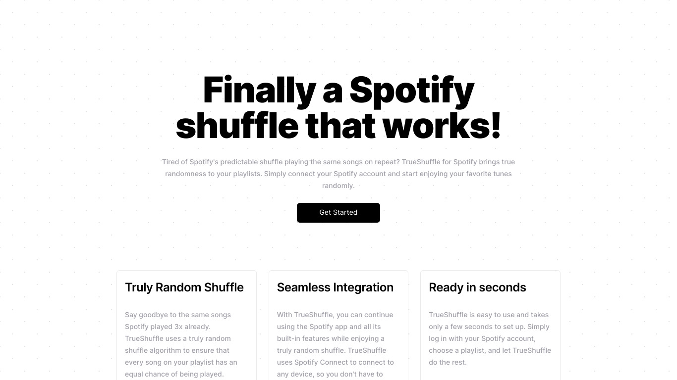 TrueShuffle for Spotify Landing page