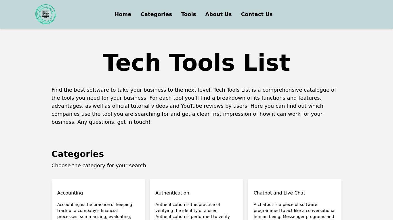 Tech Tools List Landing page