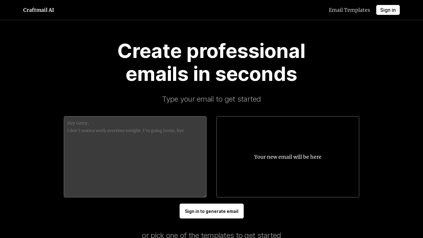 Craftmail AI Landing page