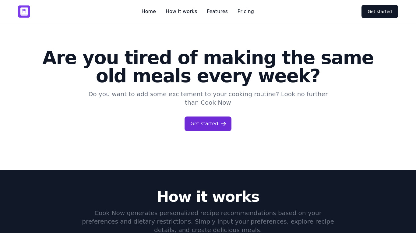 Cook Now Landing page