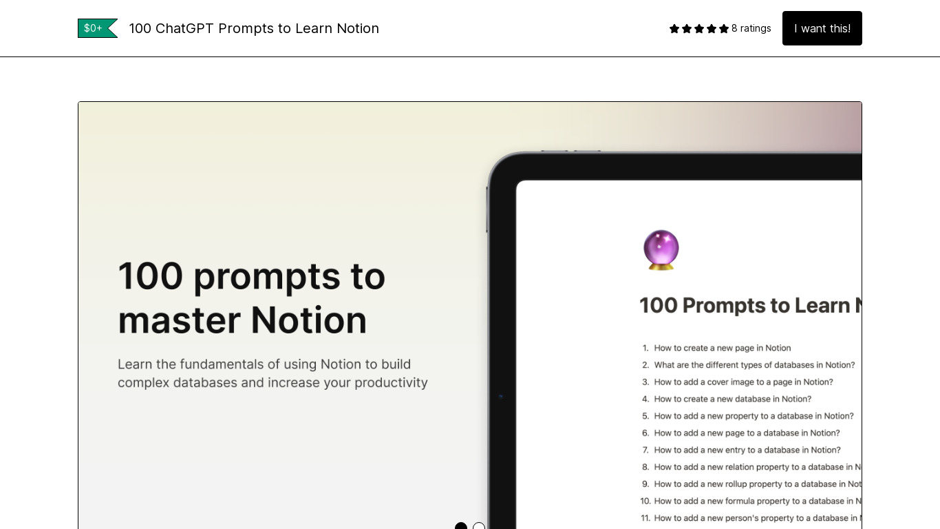100 Prompts to Learn Notion Landing page