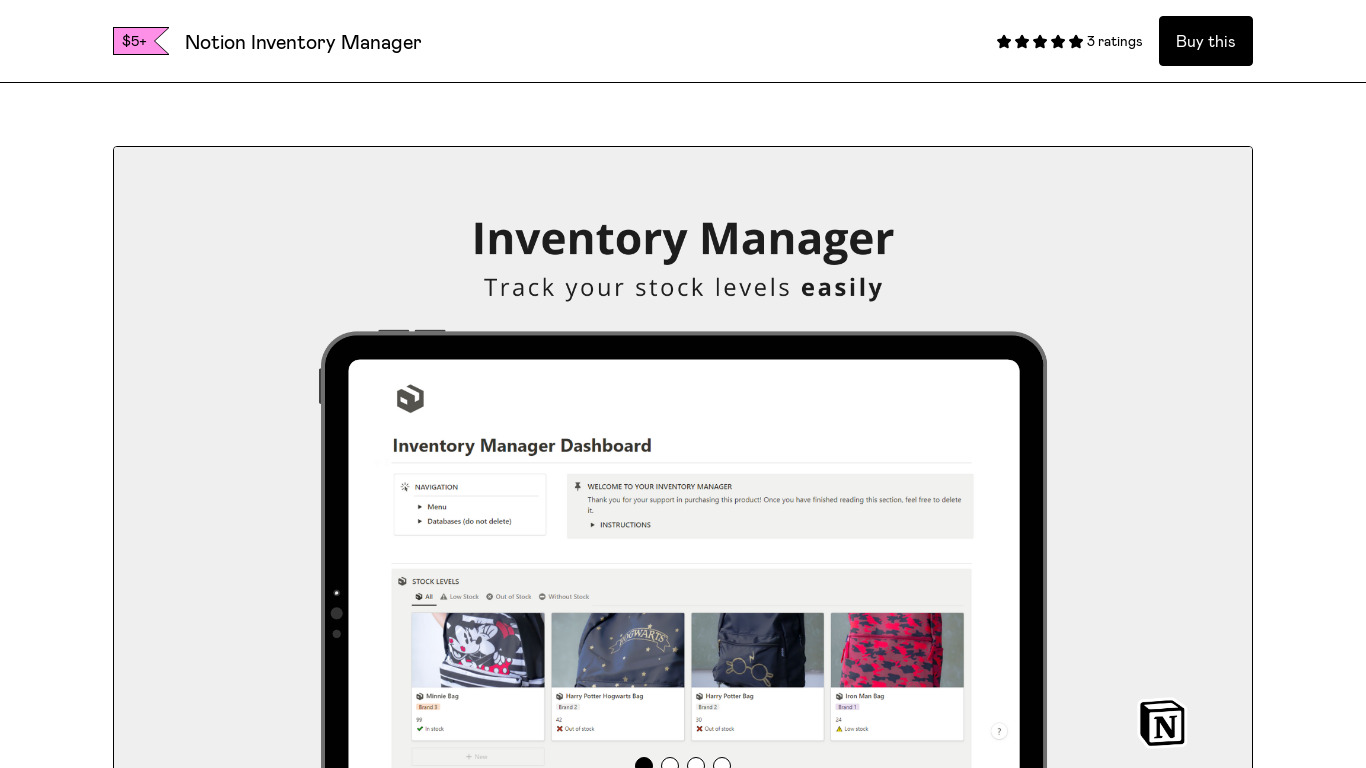 Notion Inventory Manager Landing page