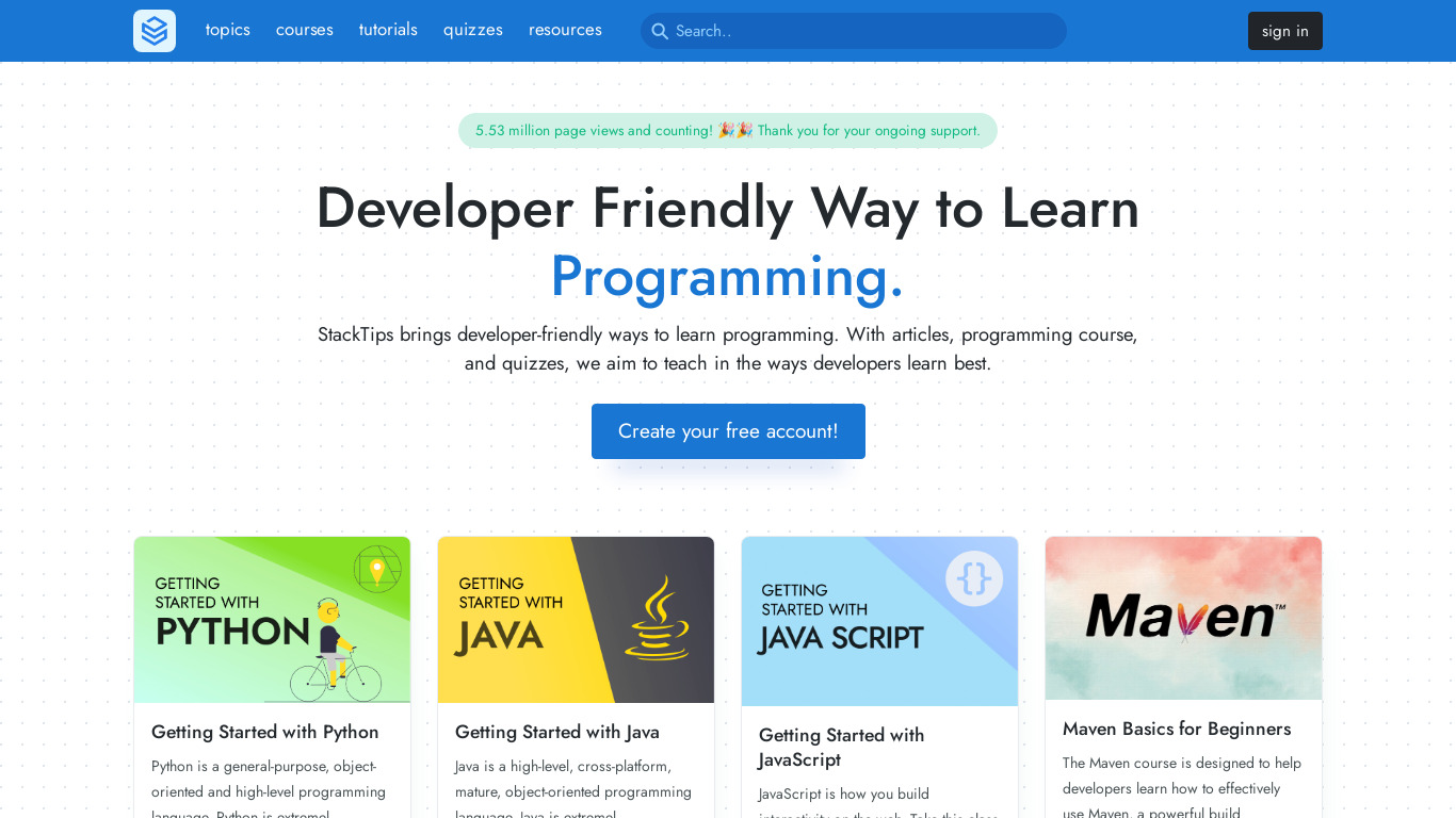 StackTips 2.0 Landing page