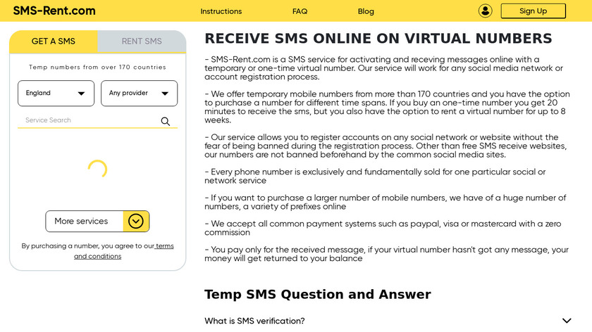 SMS-RENT.COM Landing Page
