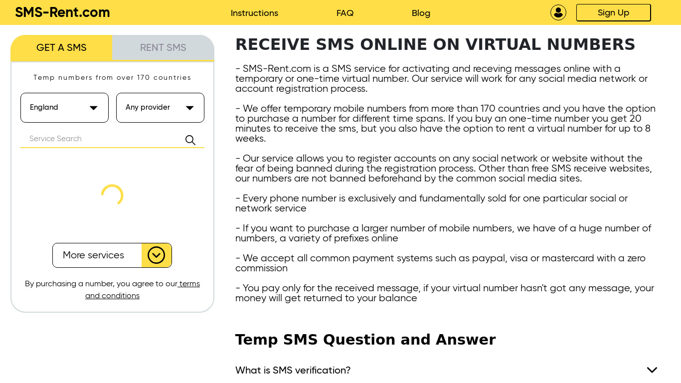 SMS-RENT.COM Landing page