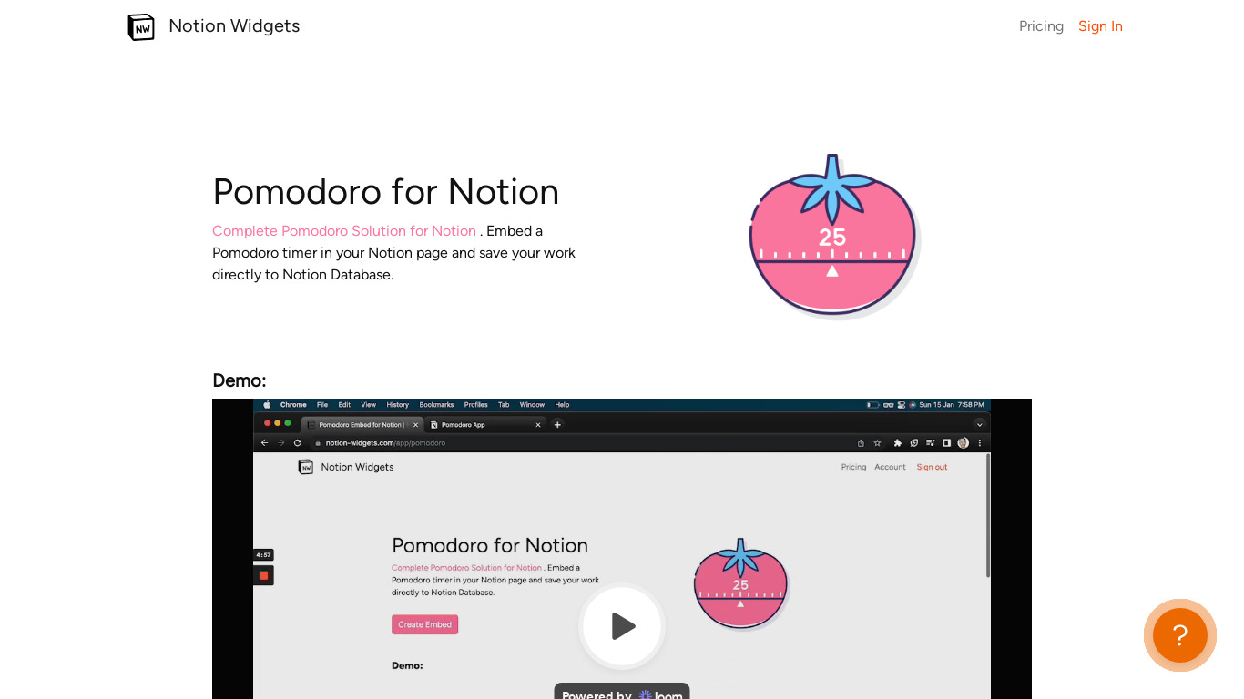 Pomodoro solution for Notion Landing page