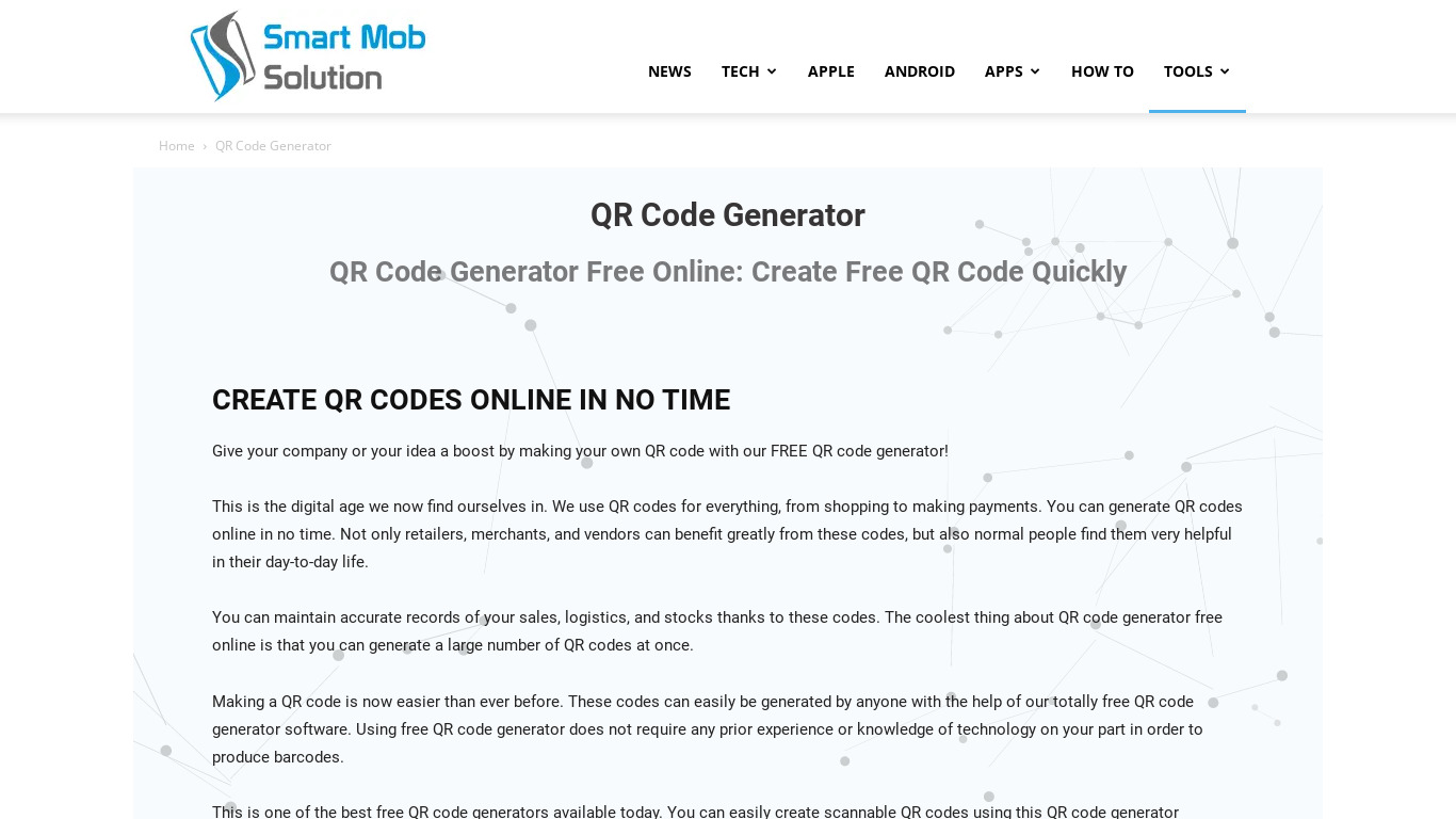 Smart Mob QR Code Generator Landing page