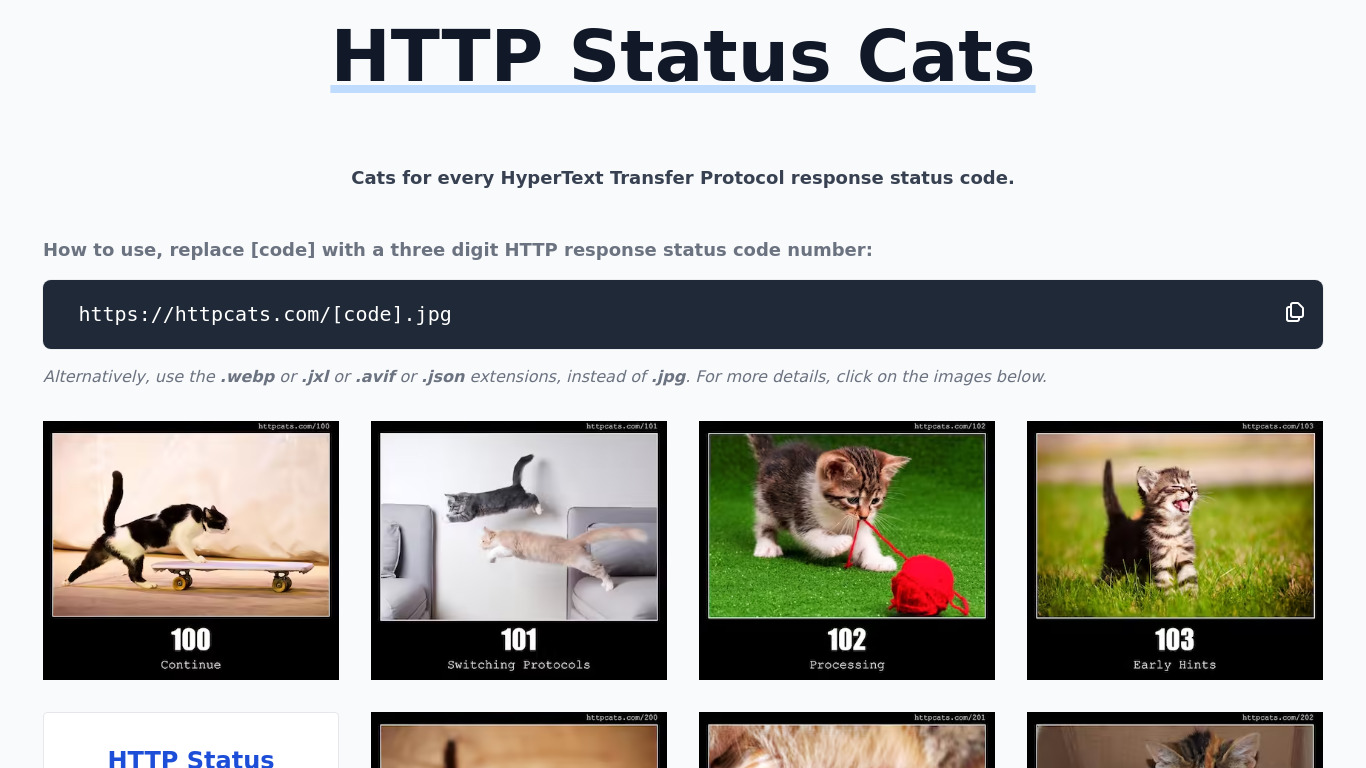 HTTP Status Cats Landing page