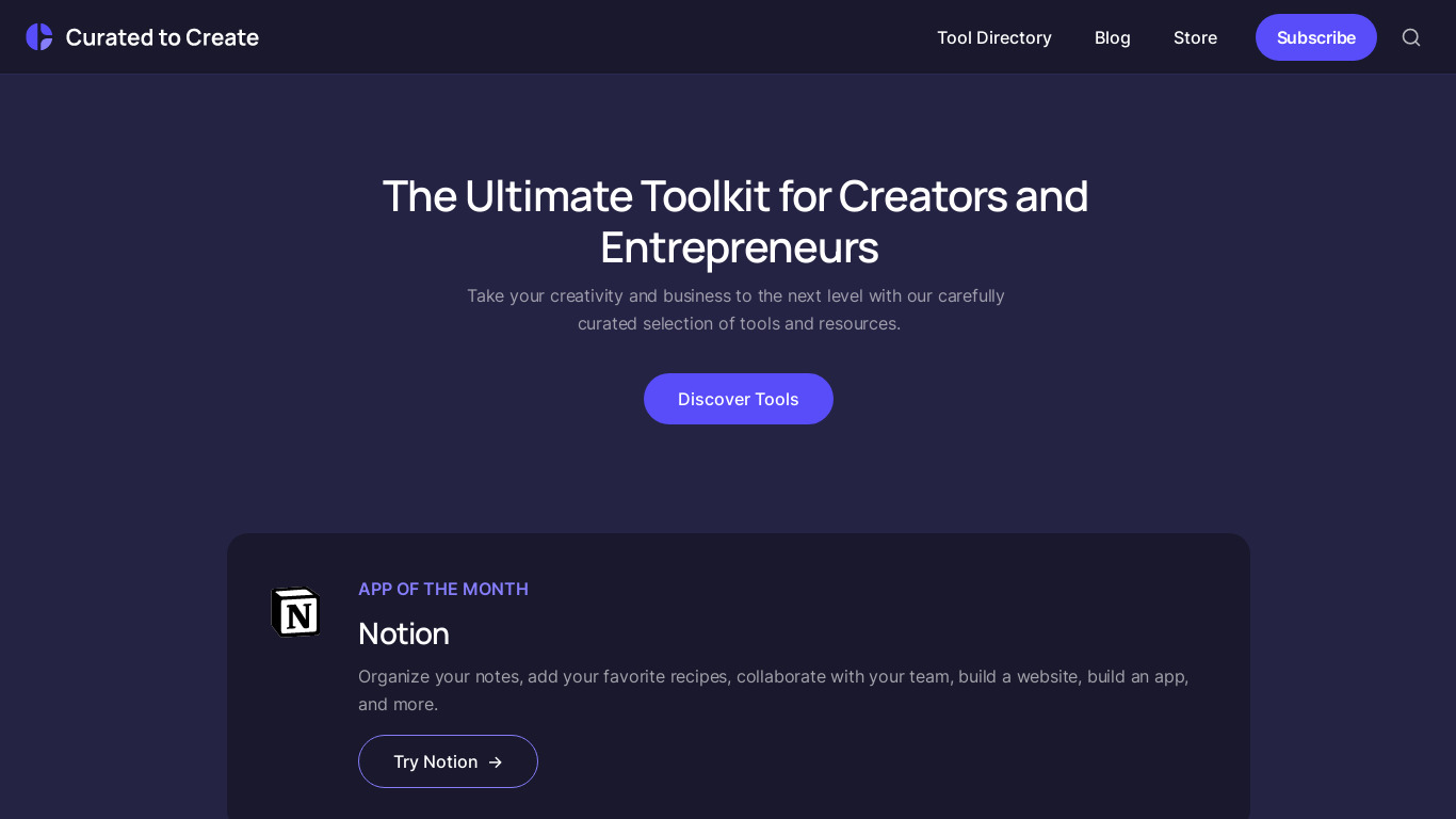Curated to Create Landing page