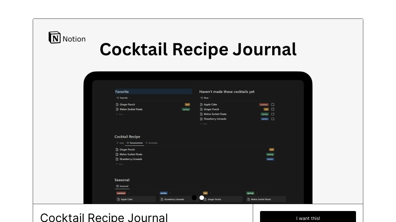 Notion Cocktail Recipe Journal Landing page