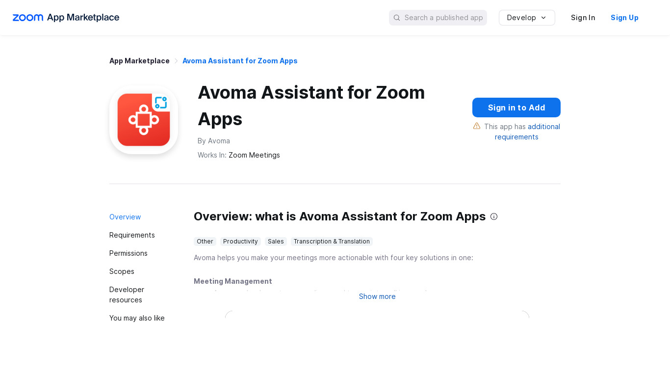 Avoma Assistant for Zoom Apps Landing page