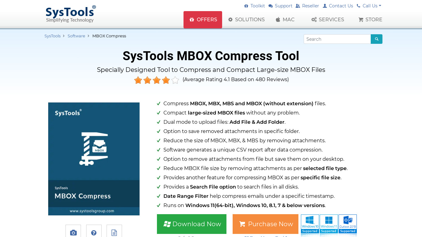 SysTools MBOX Compress Tool Landing page