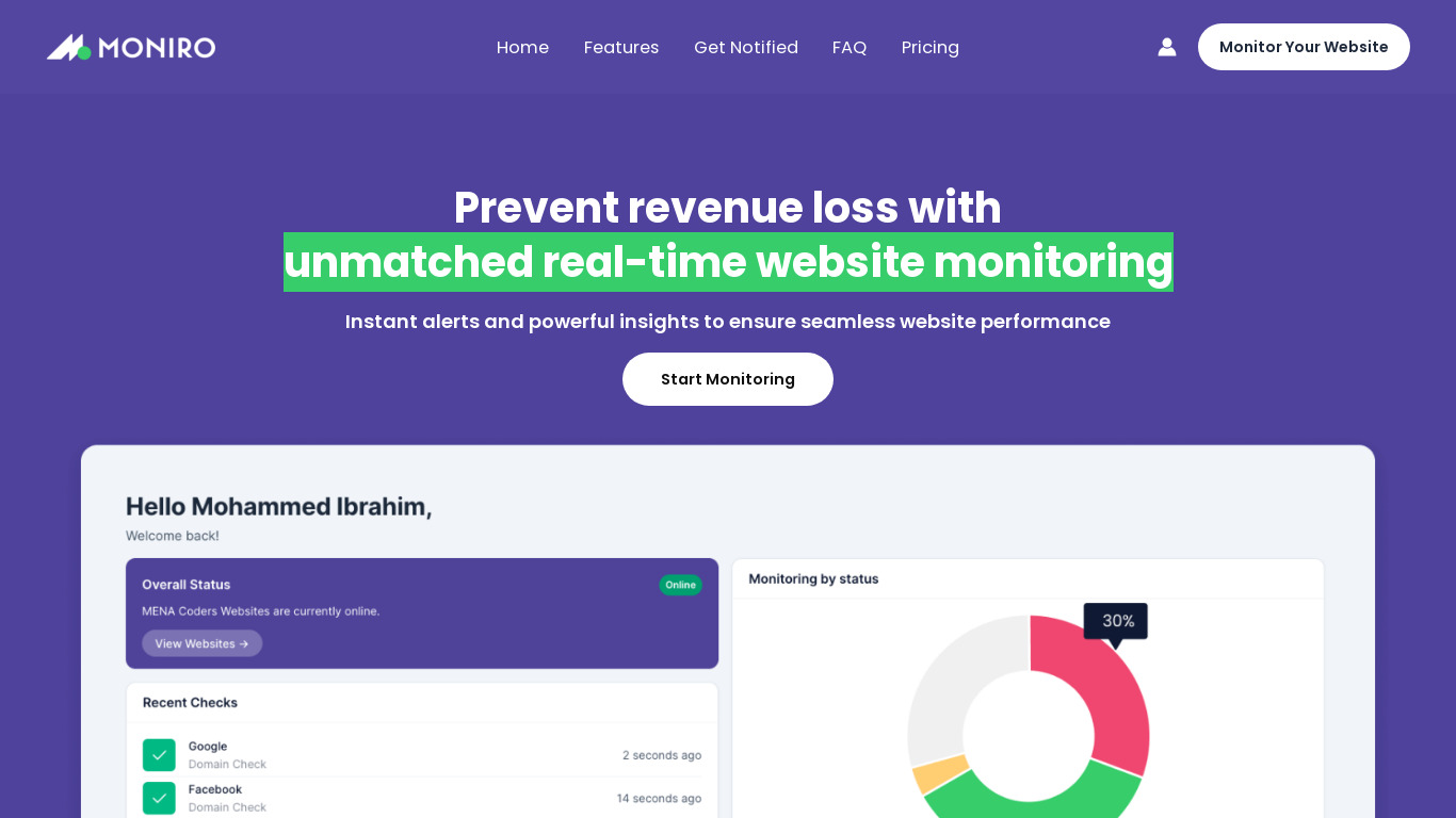 Moniro - FREE Website Monitoring Landing page