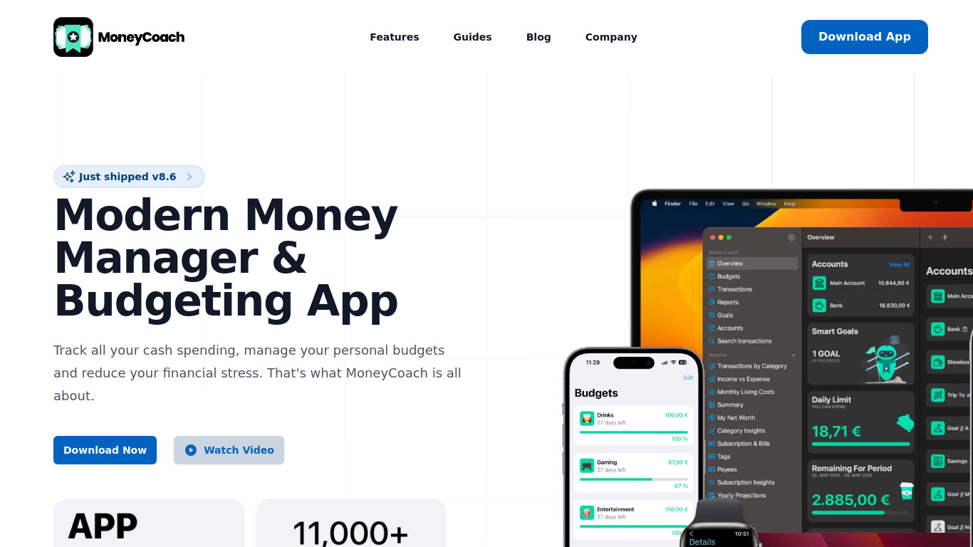 MoneyCoach: Money Manager & Budgeting Landing page