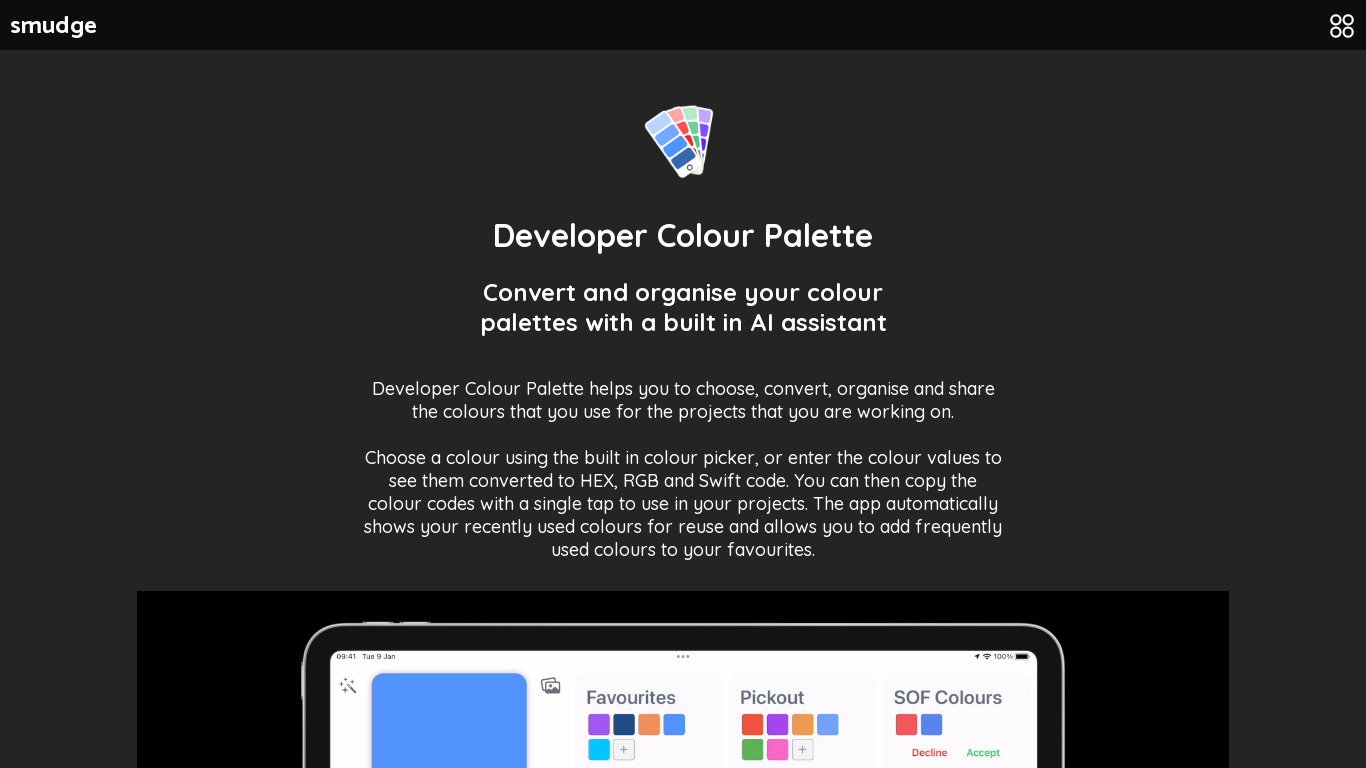 Developer Colour Palette Landing page