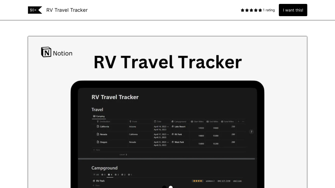 Notion RV Travel Tracker Landing page