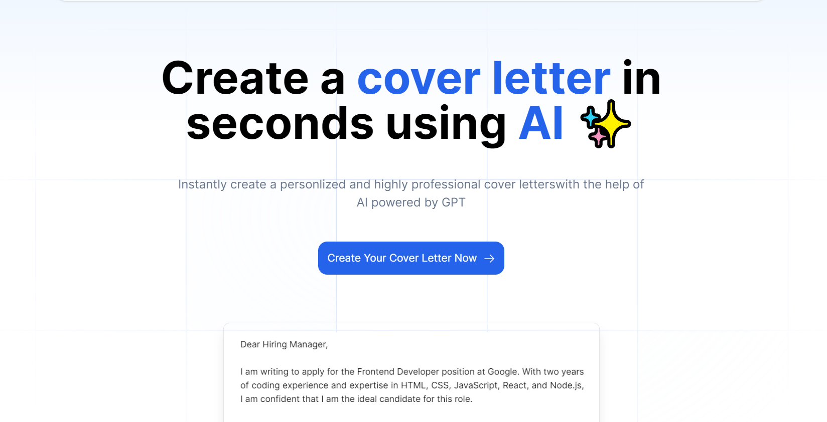 AI Cover Letter Generator Landing page