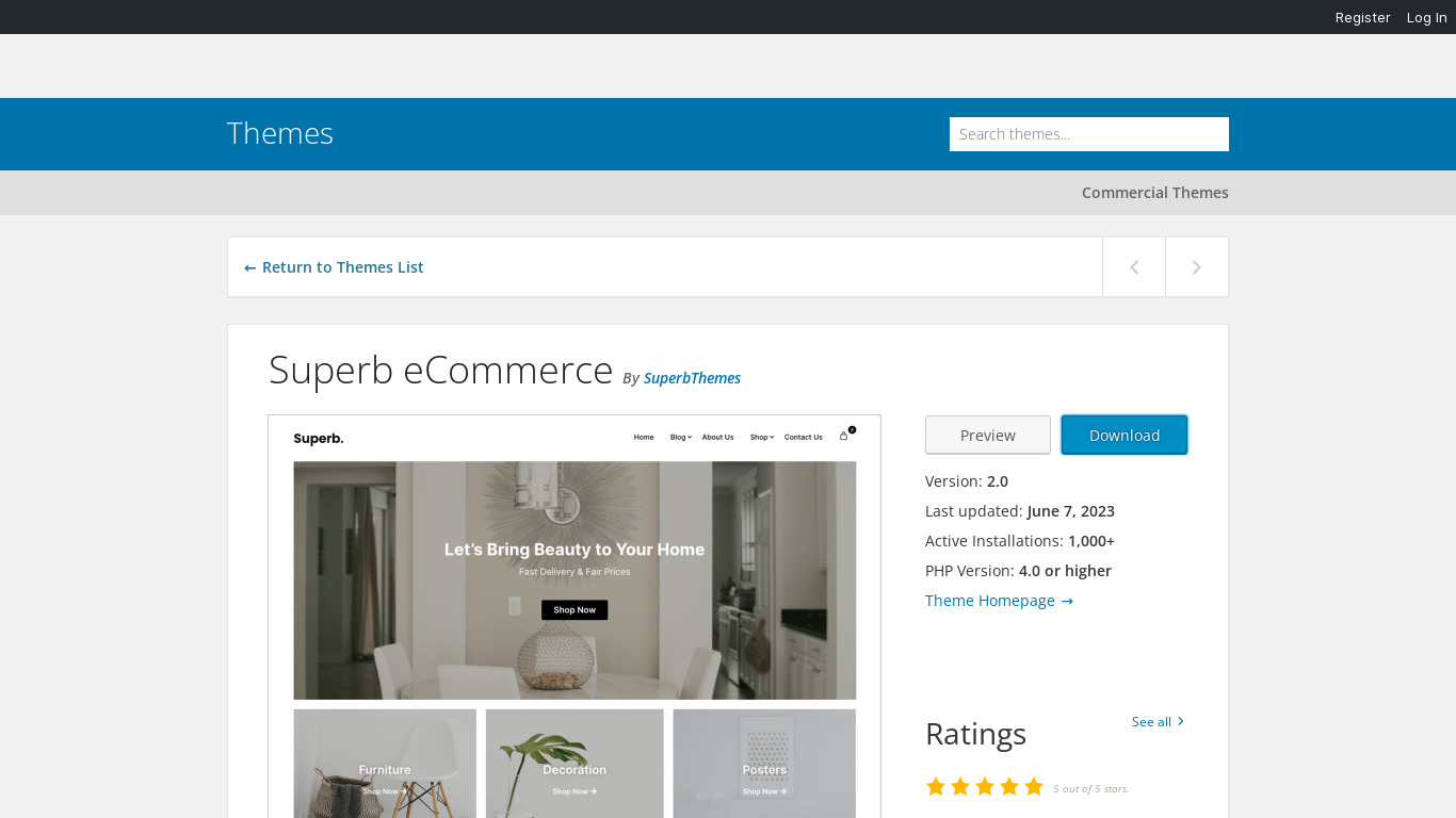 Superb eCommerce - WordPress Theme Landing page