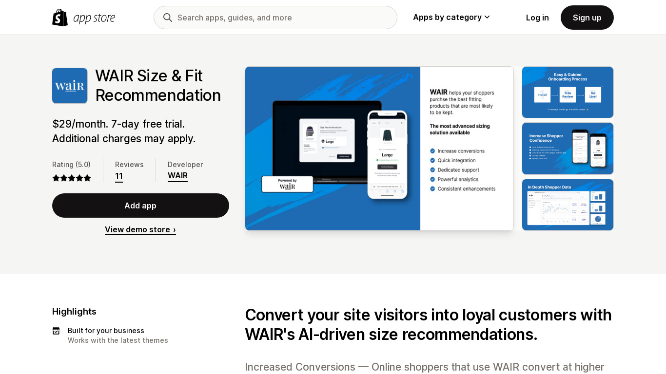 WAIR: Size and Fit Recommendation Landing page